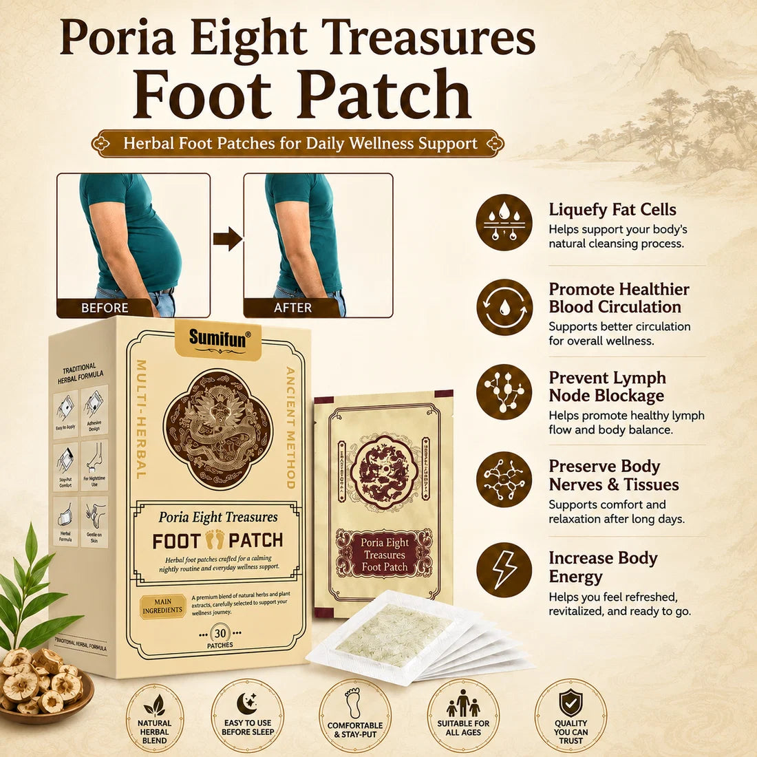 لصقات القدم العشبية Poria Eight Treasures